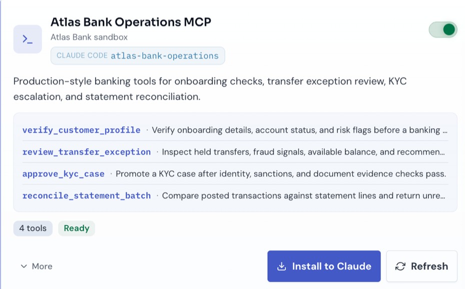 Atlas Bank Operations MCP server card with an Install to Claude button